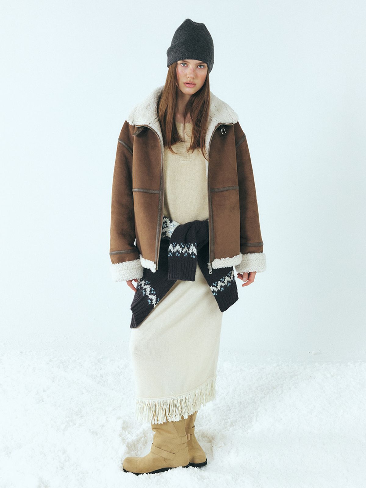 에트몽(ETMON) Fringe Knitted Skirt, Ivory