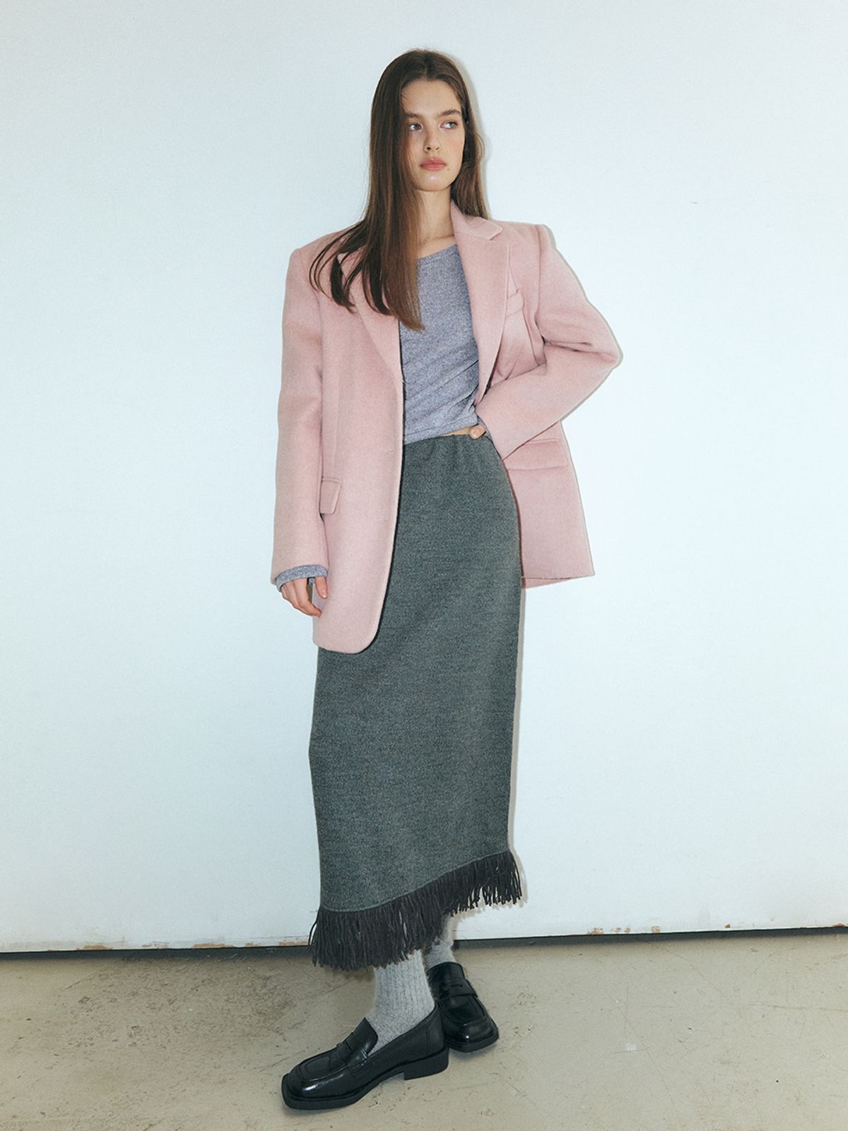 에트몽(ETMON) Fringe Knitted Skirt, Grey