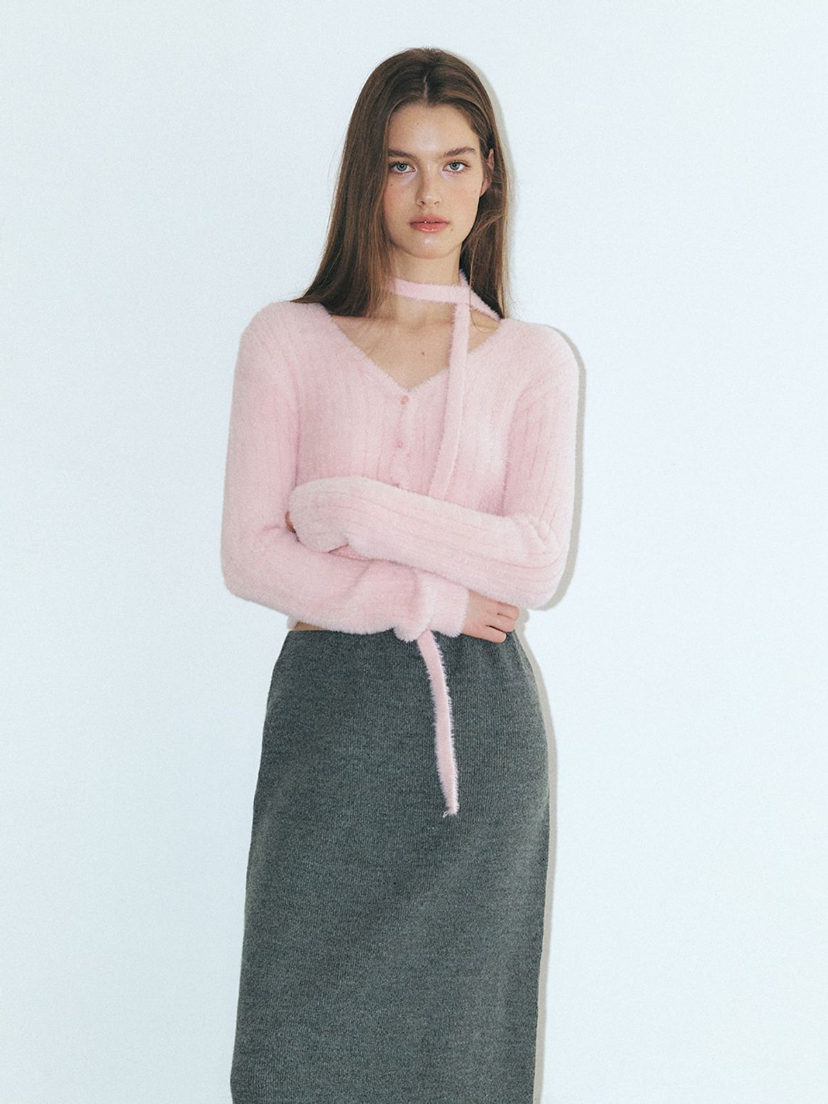 에트몽(ETMON) Fringe Knitted Skirt, Grey