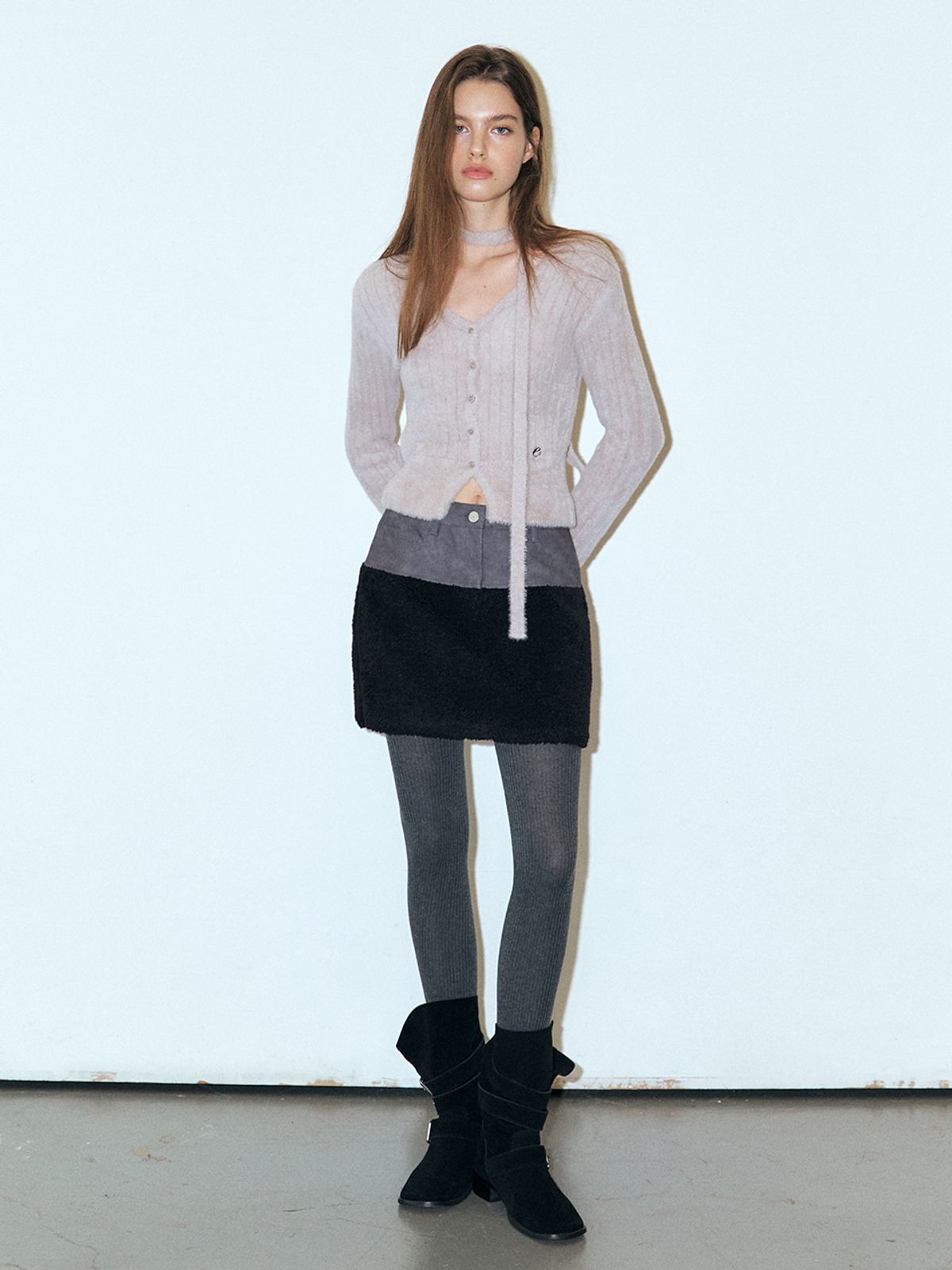 에트몽(ETMON) Fluffy Scarf Knit Cardigan, Warm Grey