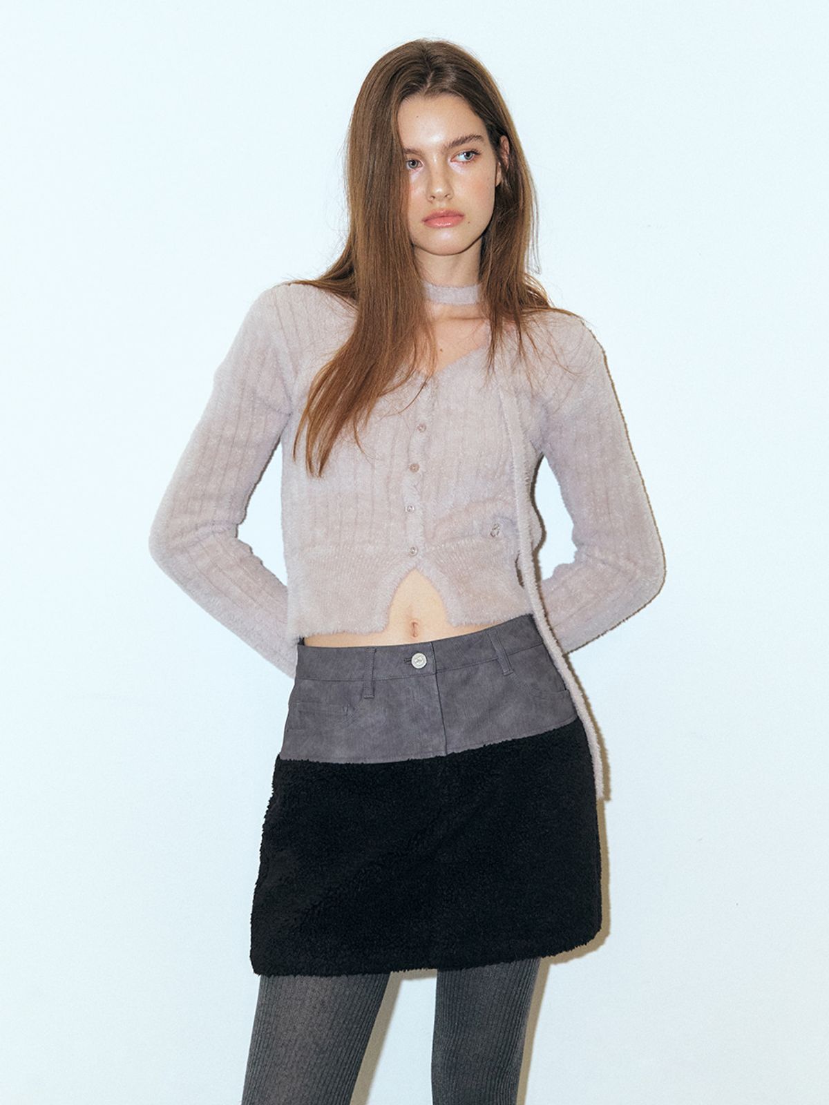 에트몽(ETMON) Fluffy Scarf Knit Cardigan, Warm Grey