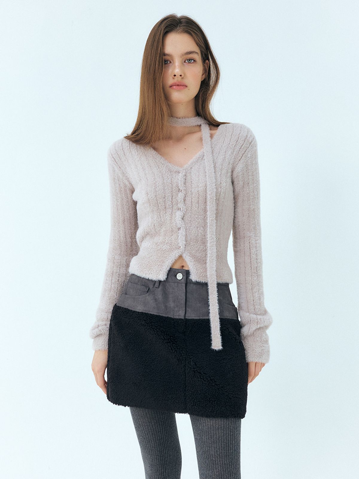 에트몽(ETMON) Fluffy Scarf Knit Cardigan, Warm Grey