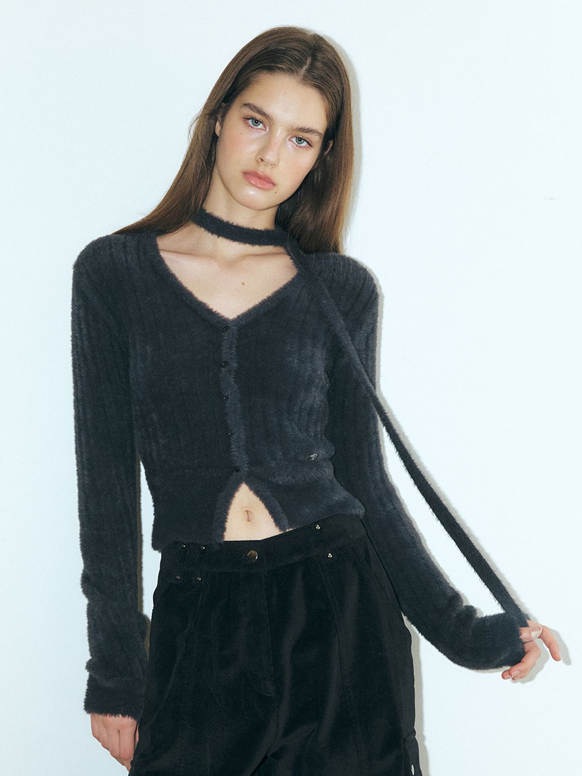 에트몽(ETMON) Fluffy Scarf Knit Cardigan, Charcoal