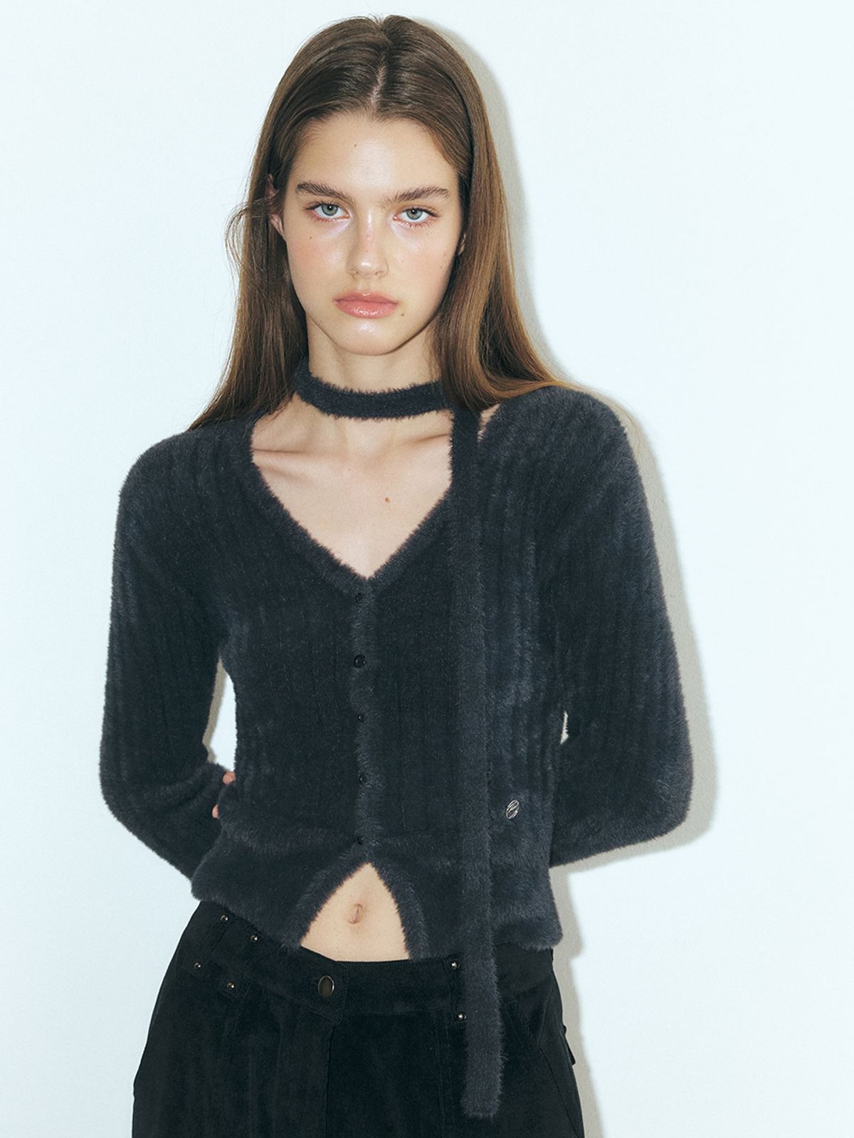 에트몽(ETMON) Fluffy Scarf Knit Cardigan, Charcoal