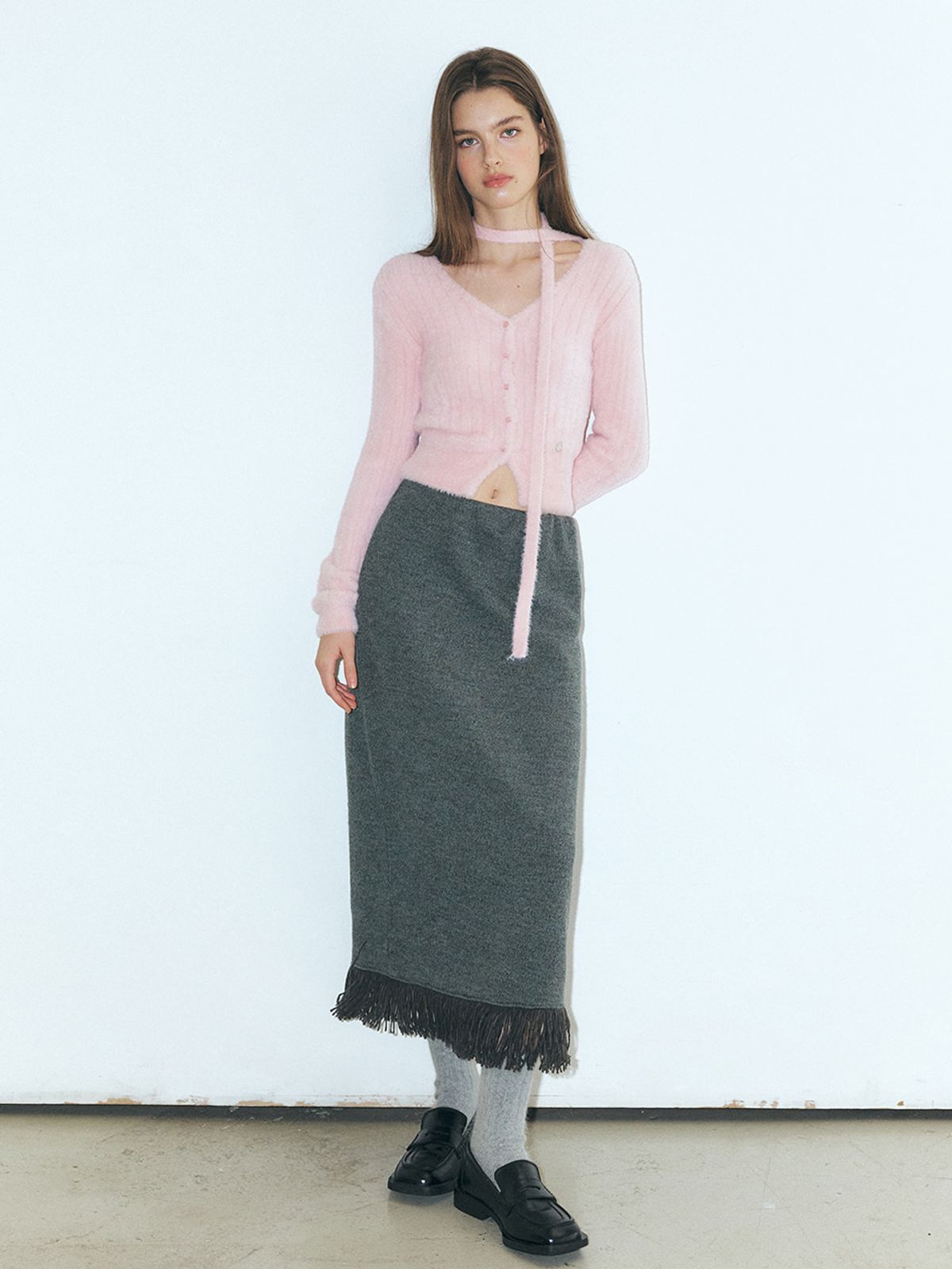 에트몽(ETMON) Fluffy Scarf Knit Cardigan, Pink