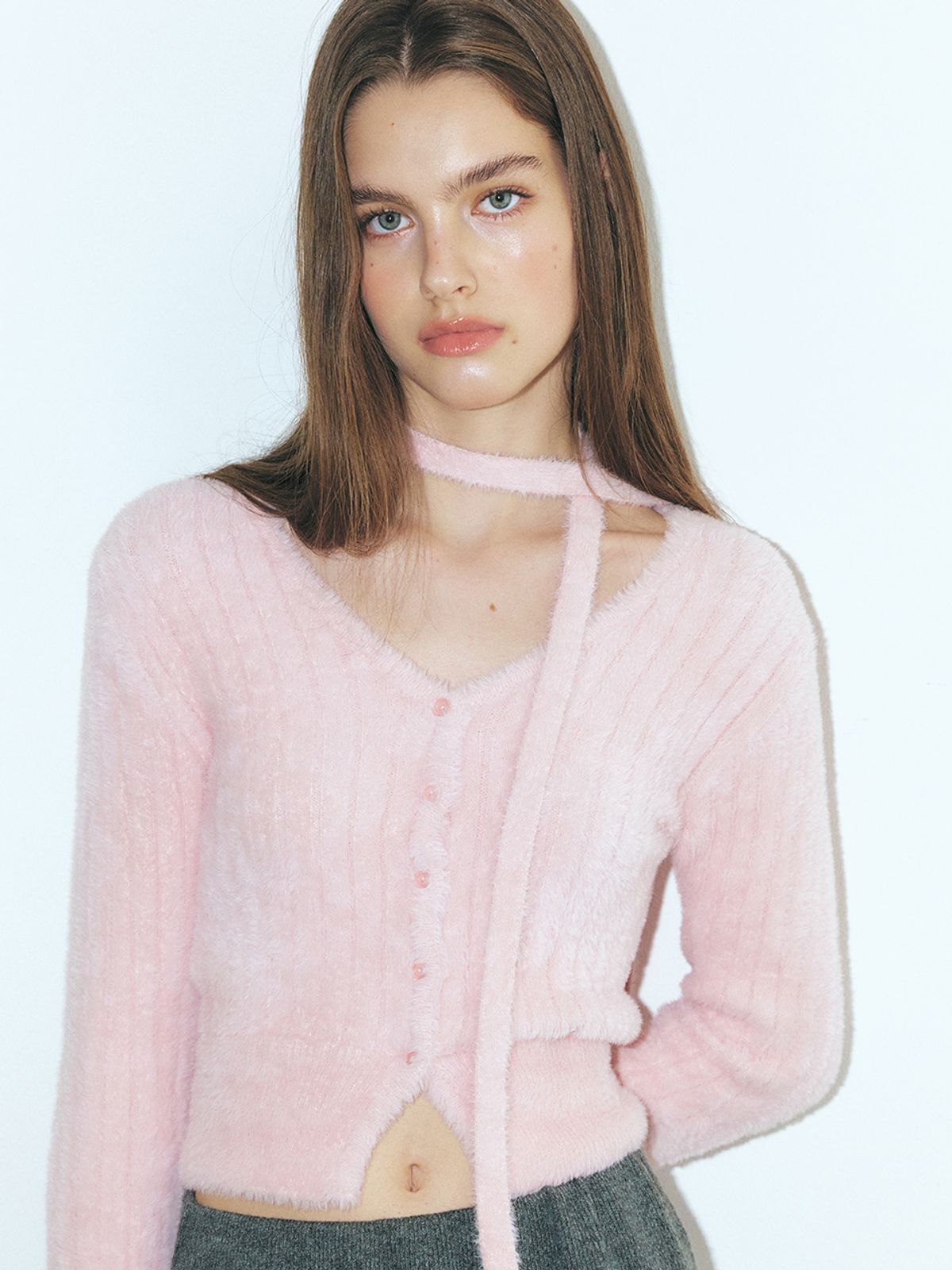 에트몽(ETMON) Fluffy Scarf Knit Cardigan, Pink