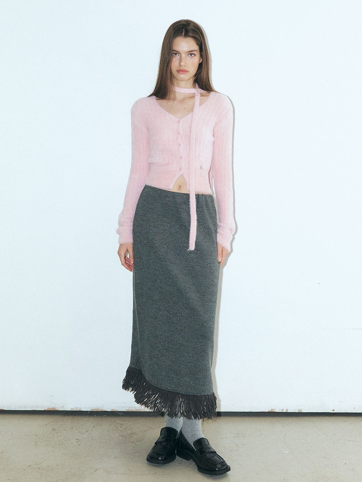 에트몽(ETMON) Fluffy Scarf Knit Cardigan, Pink