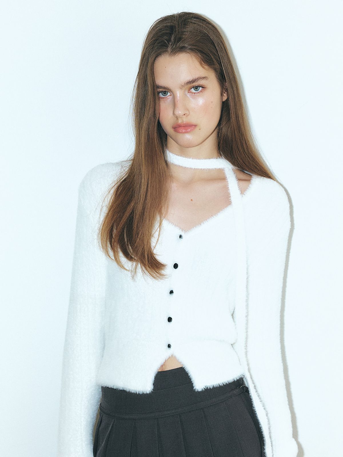 에트몽(ETMON) Fluffy Scarf Knit Cardigan, Ivory