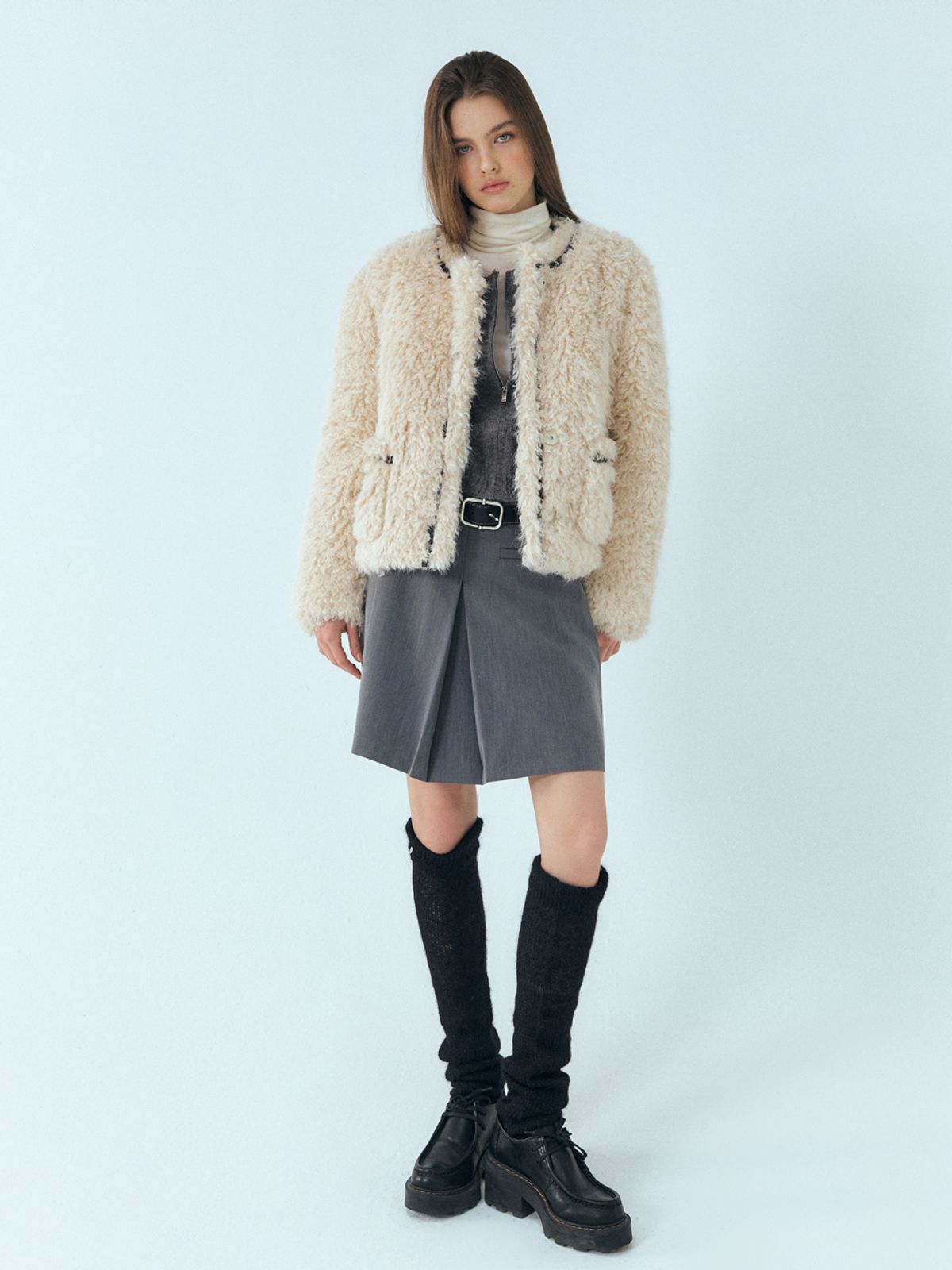 에트몽(ETMON) Trimmed Curling Fur Coat, Light Beige