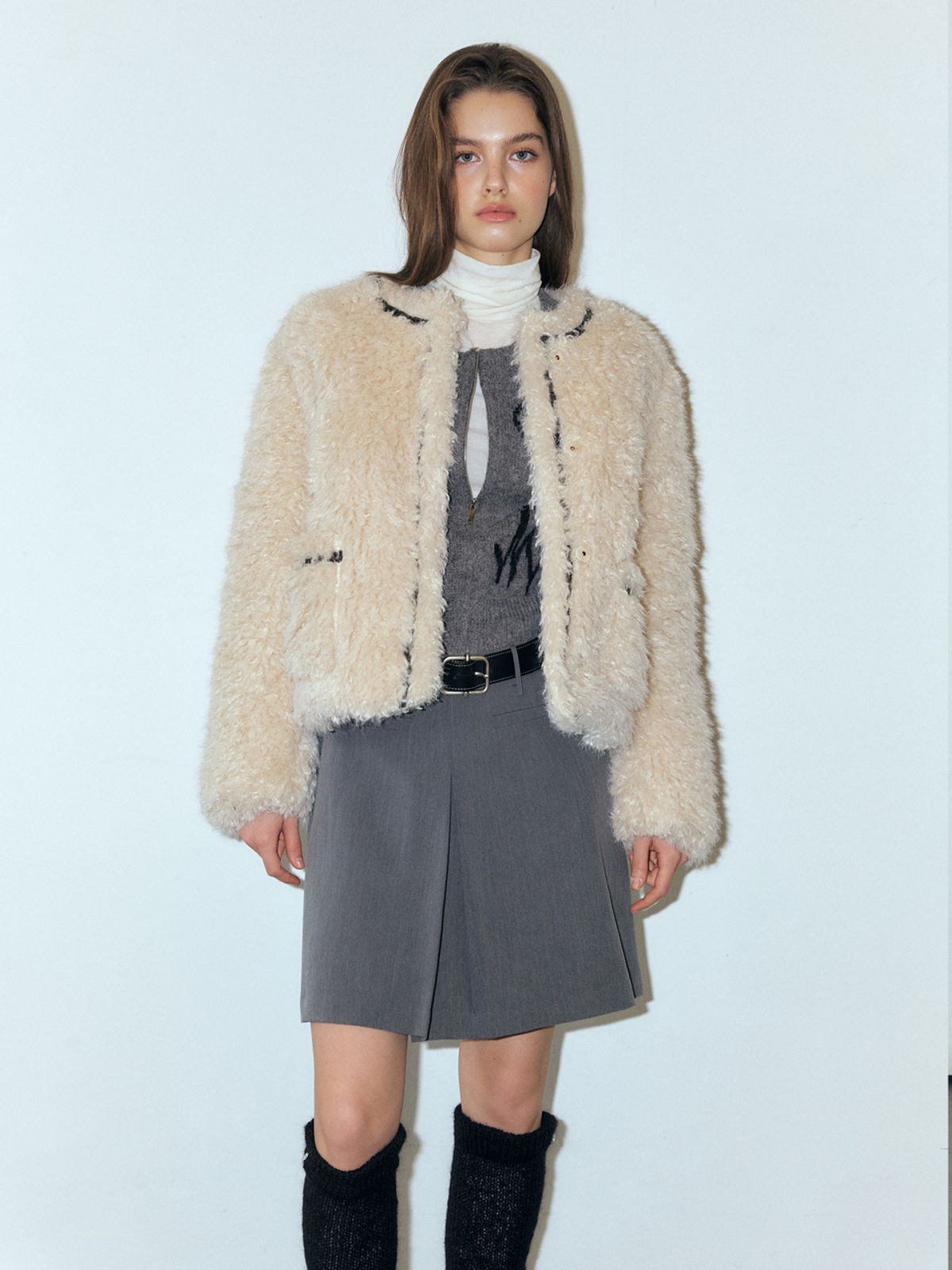 에트몽(ETMON) Trimmed Curling Fur Coat, Light Beige
