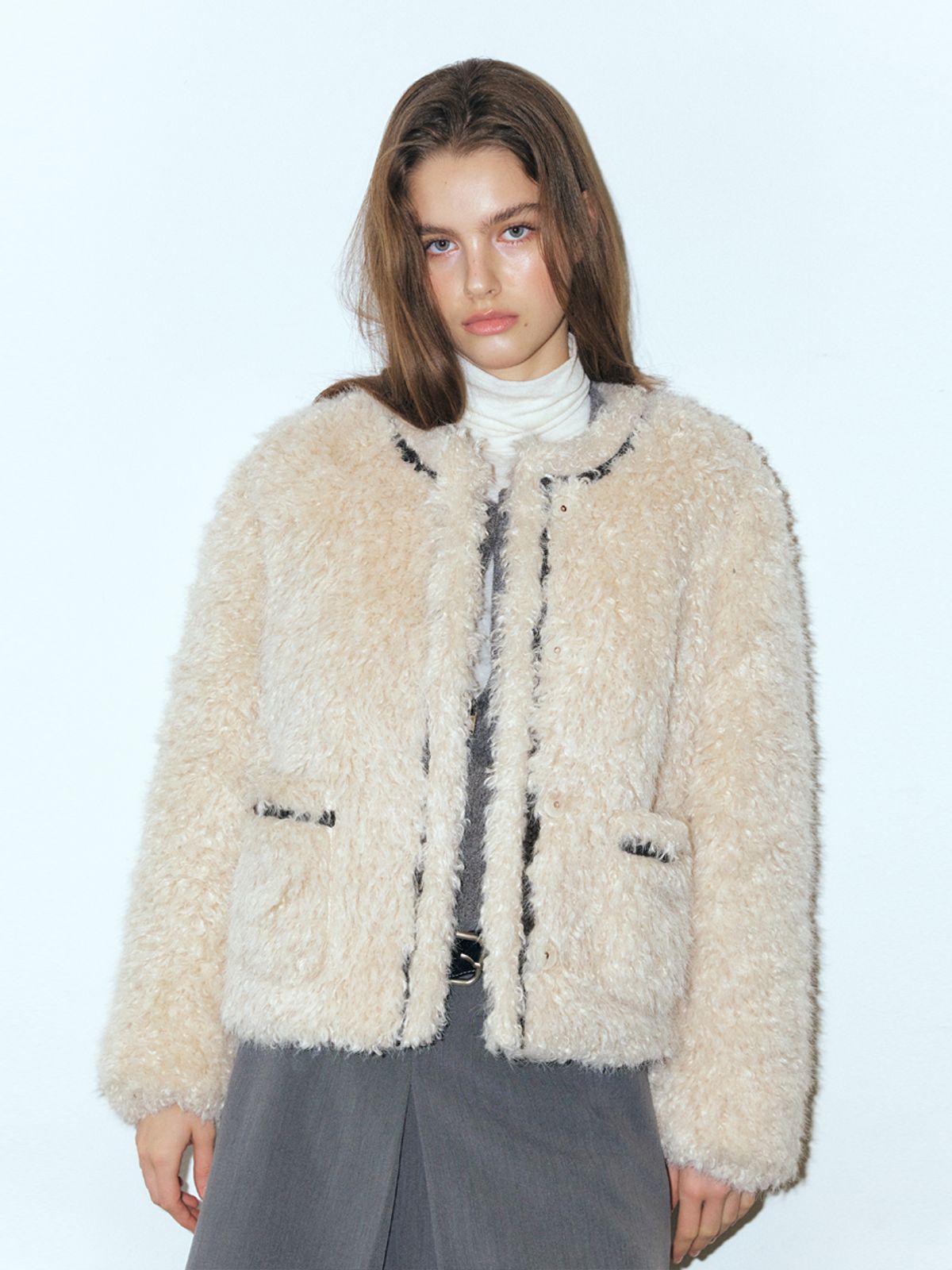 에트몽(ETMON) Trimmed Curling Fur Coat, Light Beige