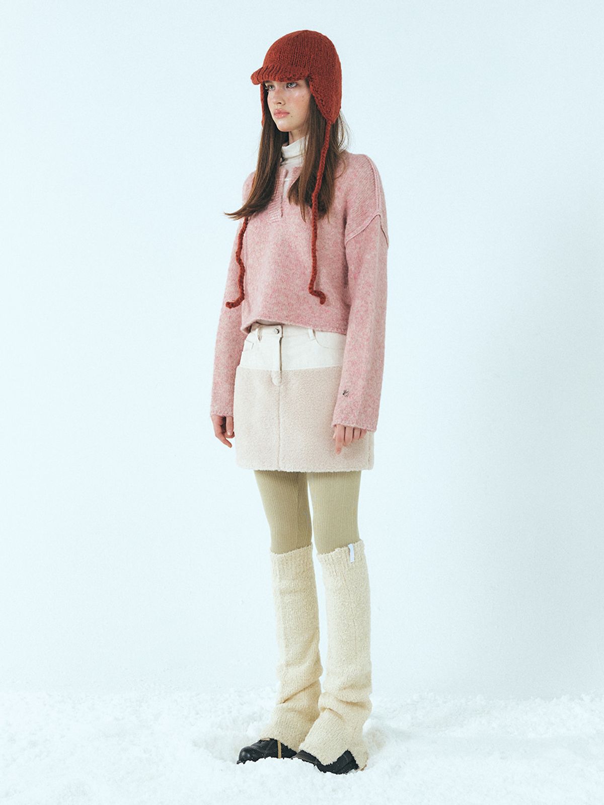 에트몽(ETMON) Mixed Shearling Mini Skirt, Cream