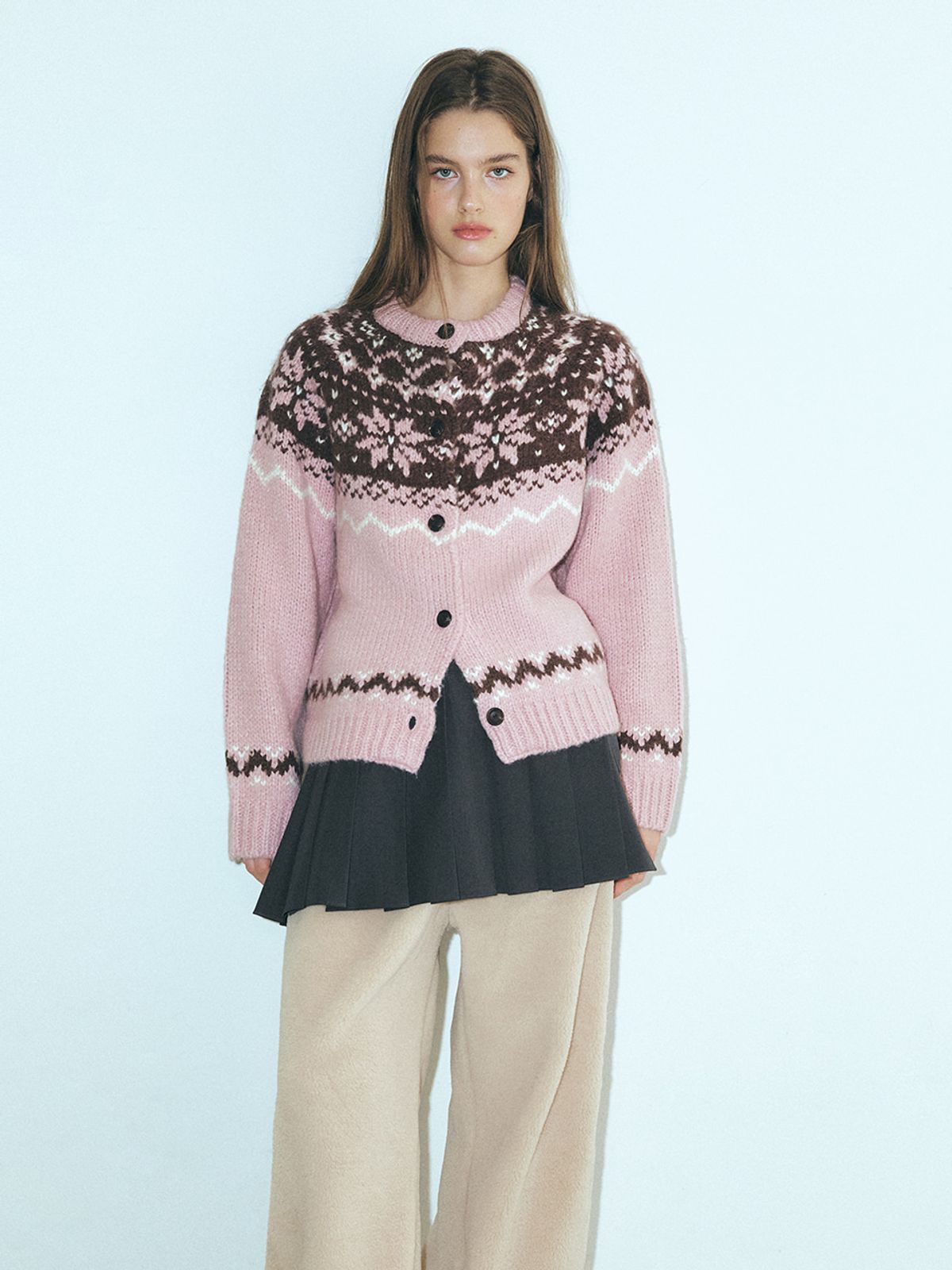 에트몽(ETMON) Alpaca Nordic Knit Cardigan, Pink