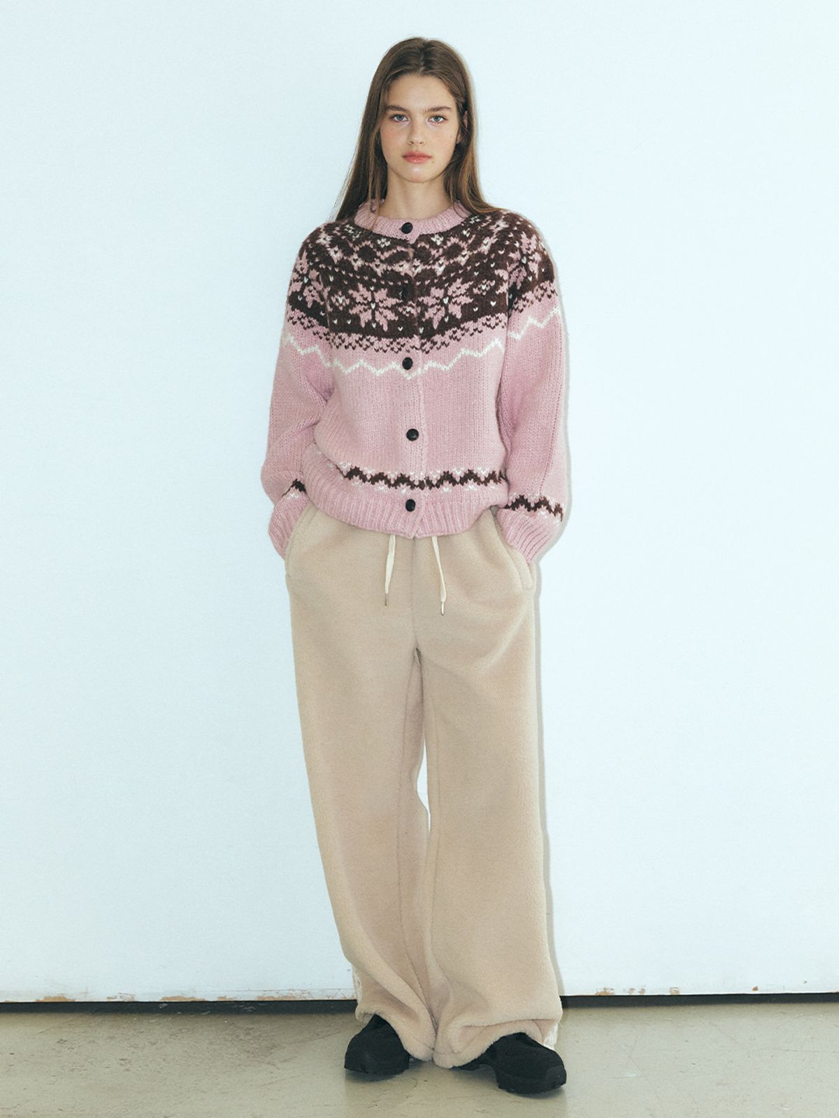 에트몽(ETMON) Alpaca Nordic Knit Cardigan, Pink