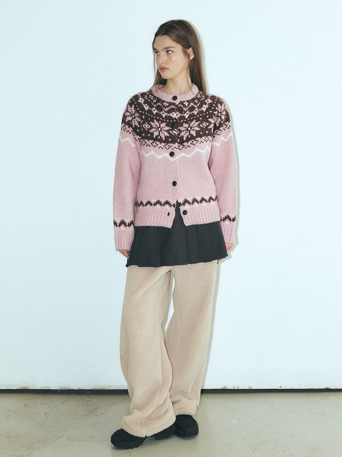 에트몽(ETMON) Alpaca Nordic Knit Cardigan, Pink