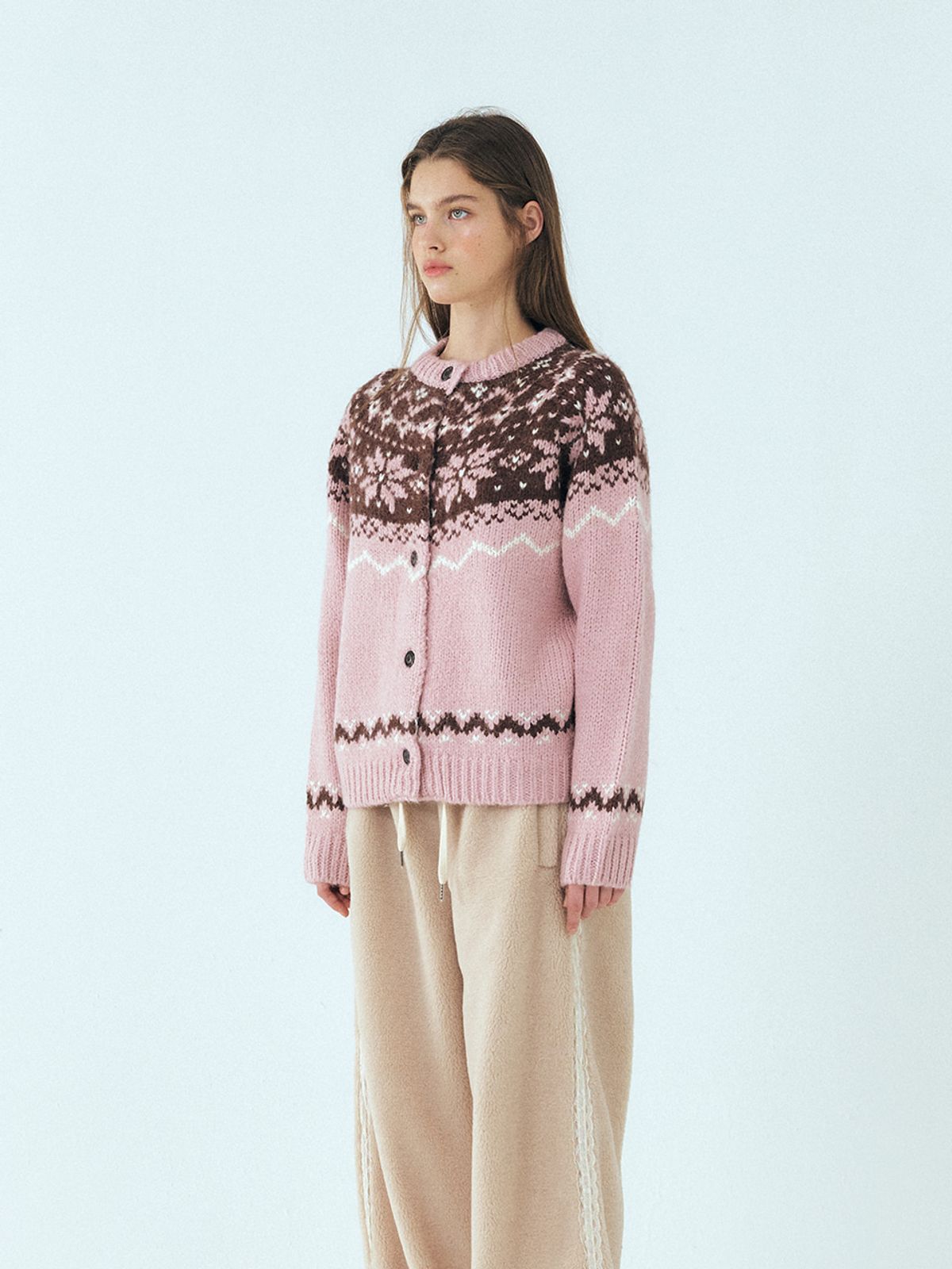 에트몽(ETMON) Alpaca Nordic Knit Cardigan, Pink
