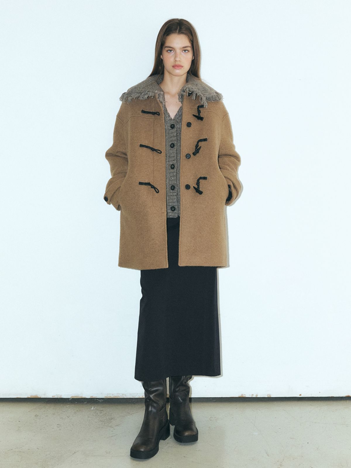 에트몽(ETMON) Wool Duffle Half Coat, Mocha Brown