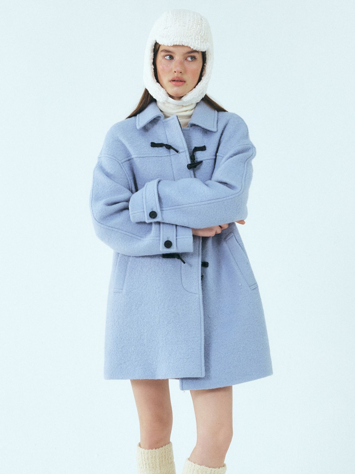 에트몽(ETMON) Wool Duffle Half Coat, Sky Blue