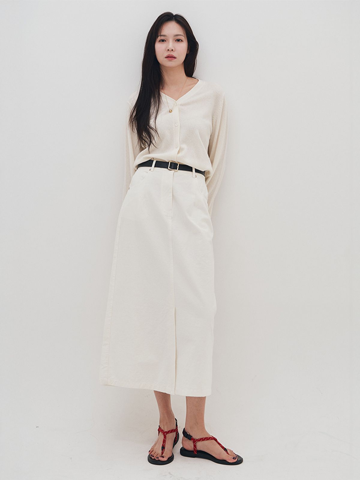 하이파이브(HYFVE) 슬림 A라인 벨티드 면 롱스커트