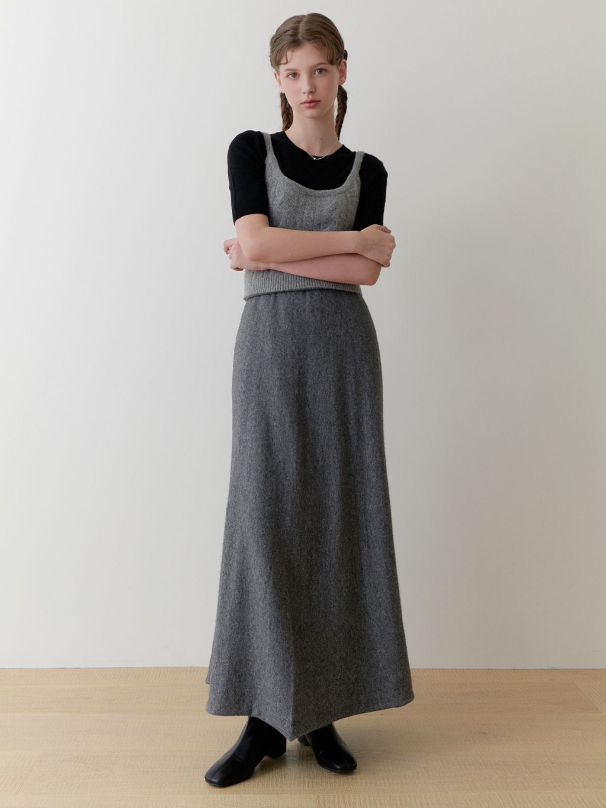 리엘(RE L) Ooze knit flare skirt (gray)
