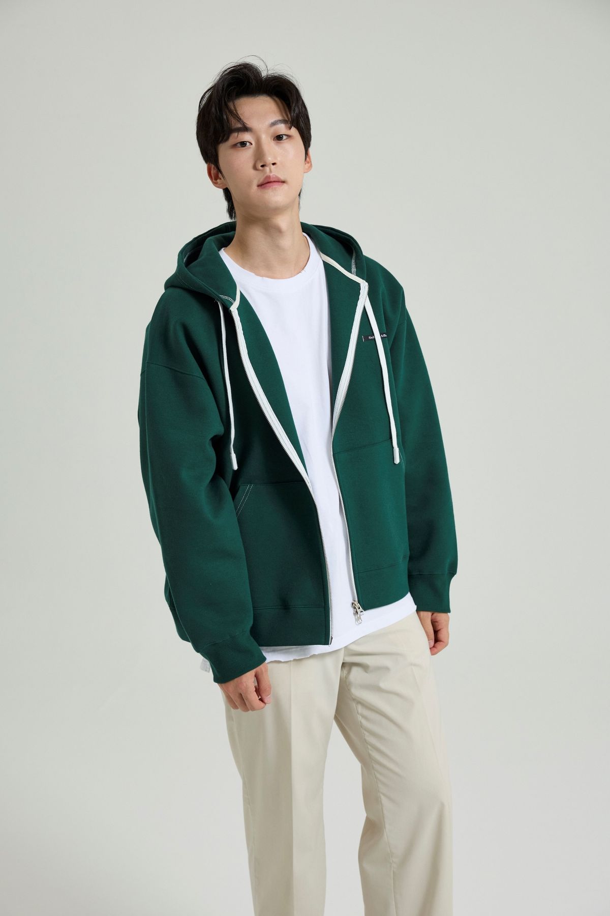 셀피시어펙션(SELFISHAFFECTION) Contrast Color Oversized Zip-Up Hoodie (Green)