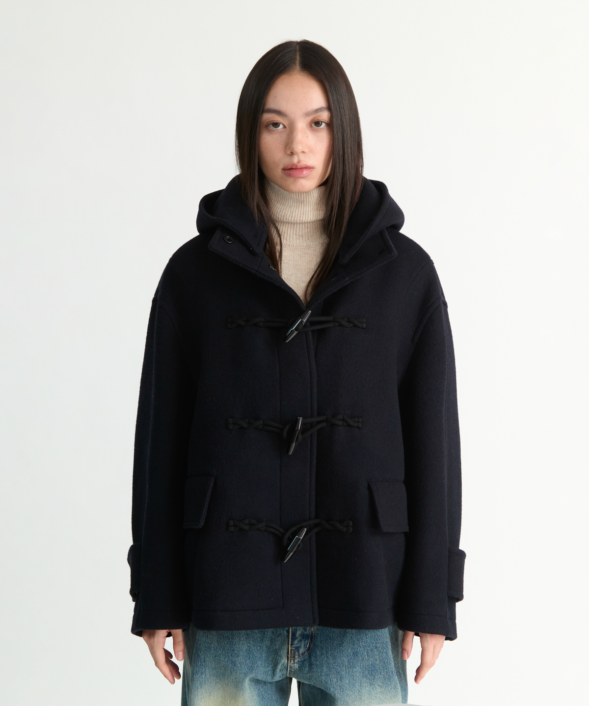 넌블랭크(NONBLANK) 우먼즈 디테처블 후드 더플 하프 코트_DARK NAVY