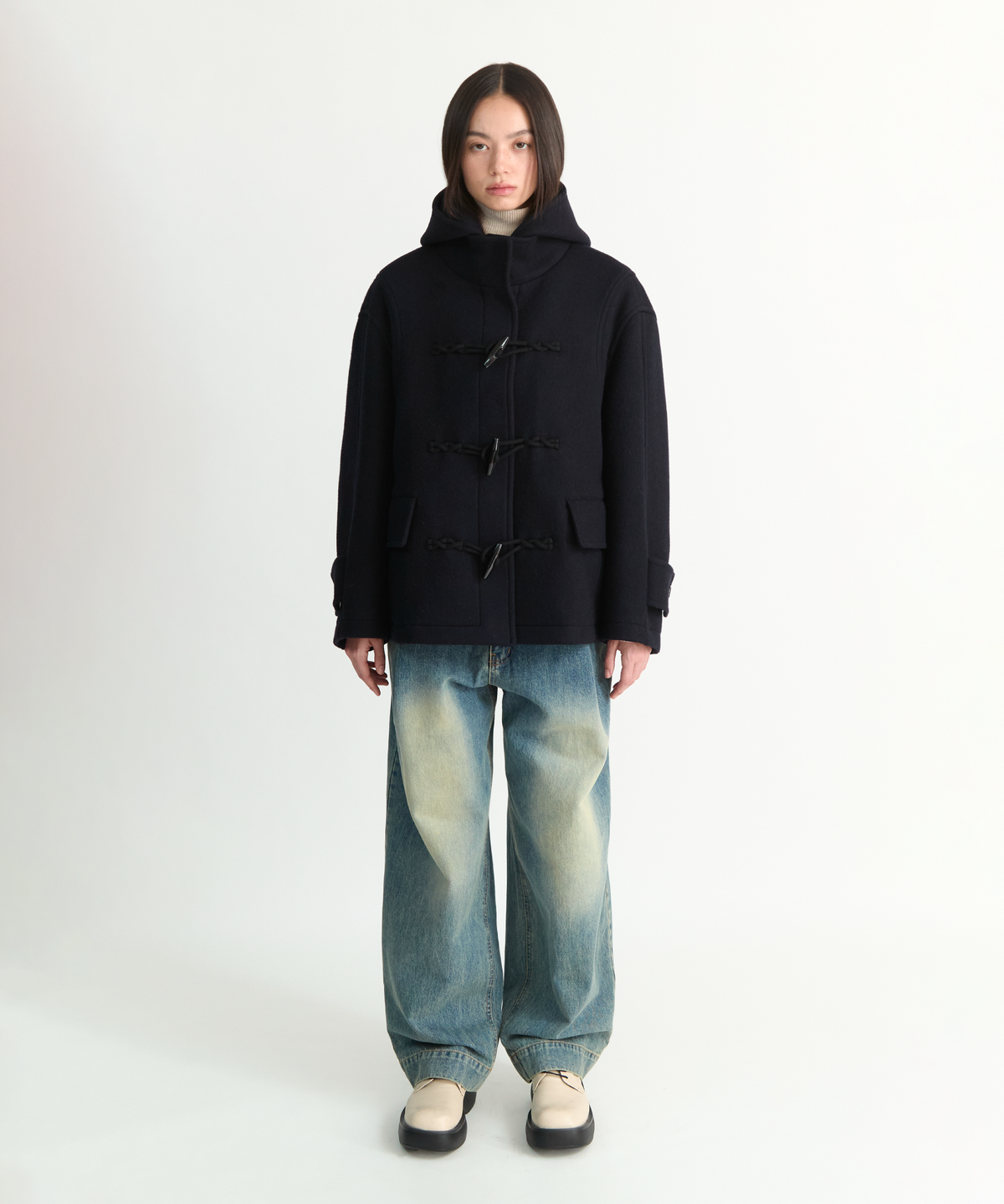 넌블랭크(NONBLANK) 우먼즈 디테처블 후드 더플 하프 코트_DARK NAVY