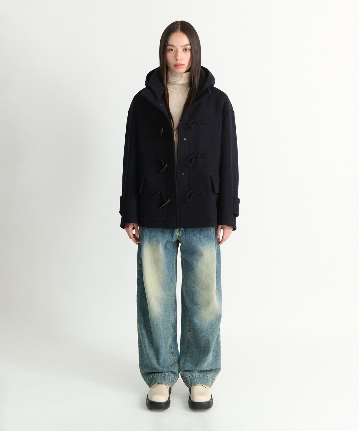넌블랭크(NONBLANK) 우먼즈 디테처블 후드 더플 하프 코트_DARK NAVY