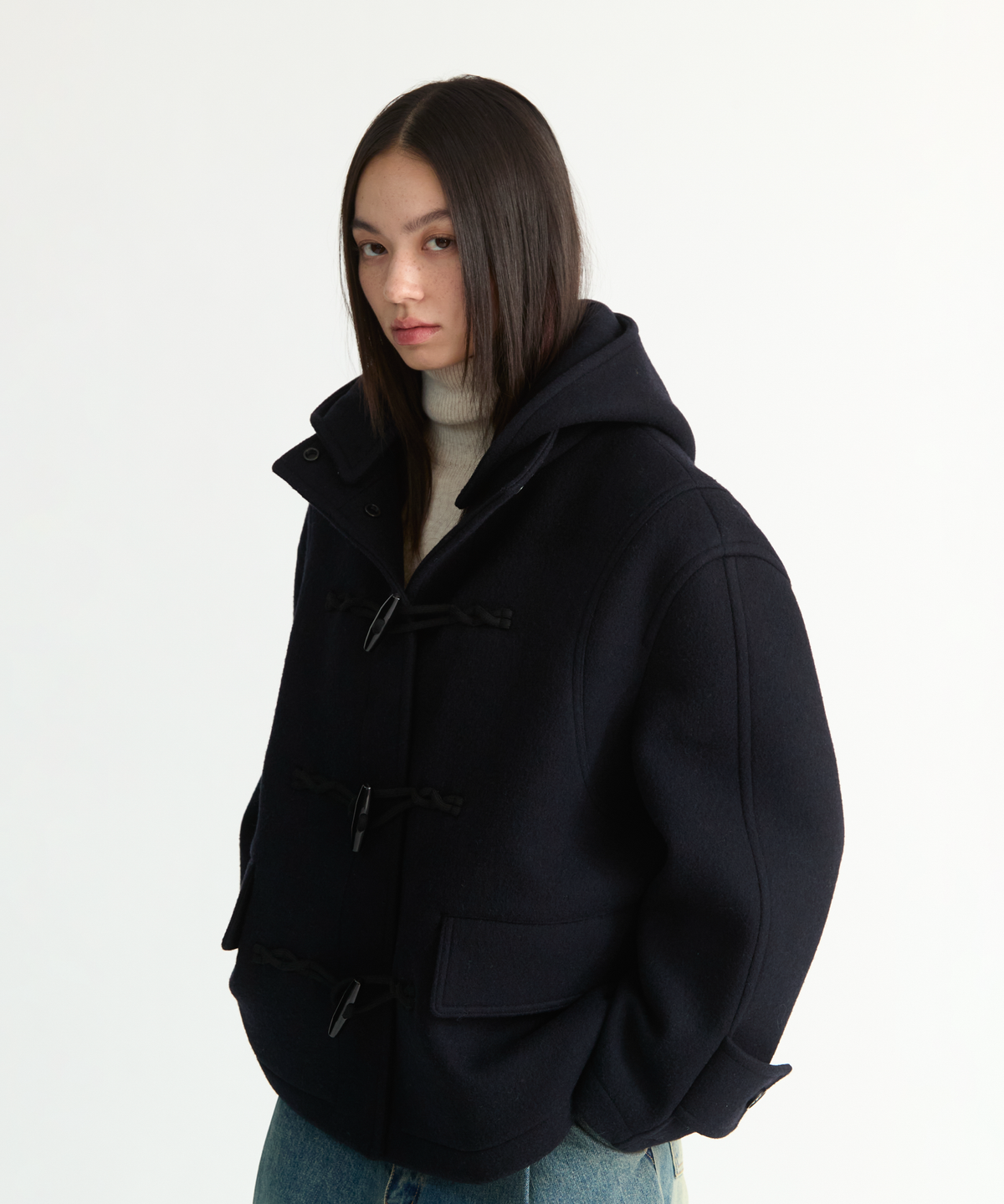 넌블랭크(NONBLANK) 우먼즈 디테처블 후드 더플 하프 코트_DARK NAVY