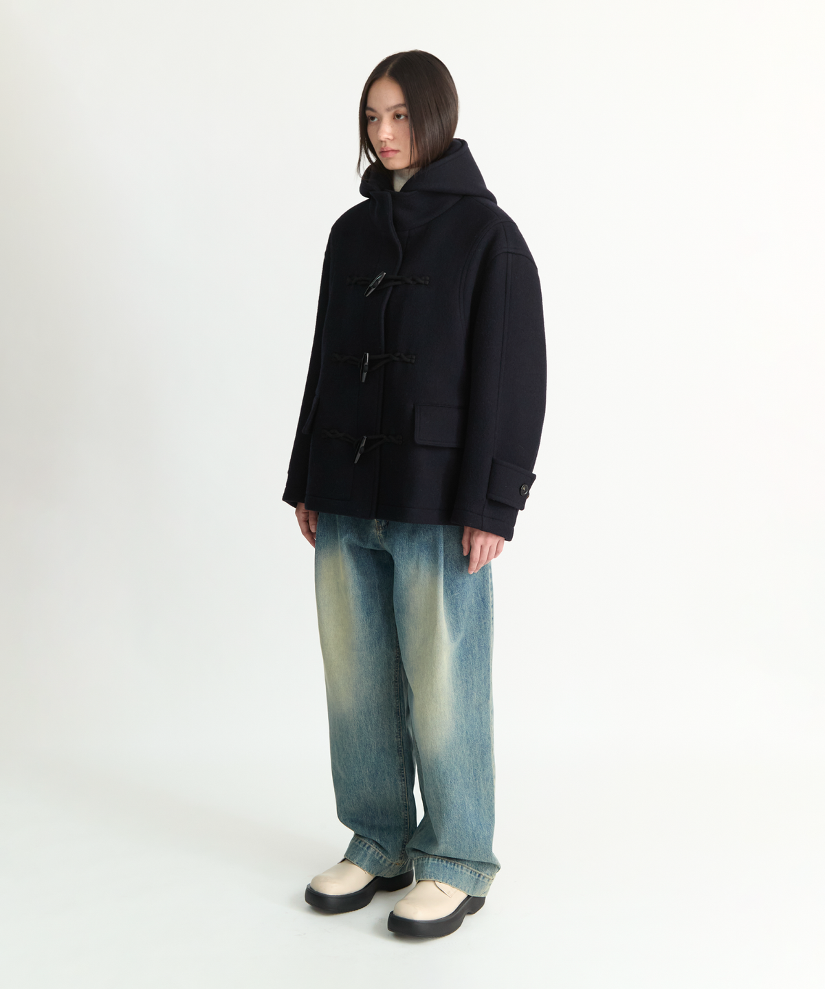 넌블랭크(NONBLANK) 우먼즈 디테처블 후드 더플 하프 코트_DARK NAVY
