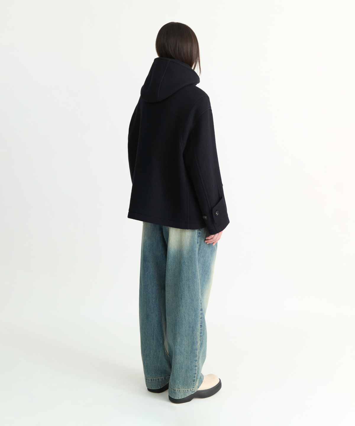 넌블랭크(NONBLANK) 우먼즈 디테처블 후드 더플 하프 코트_DARK NAVY