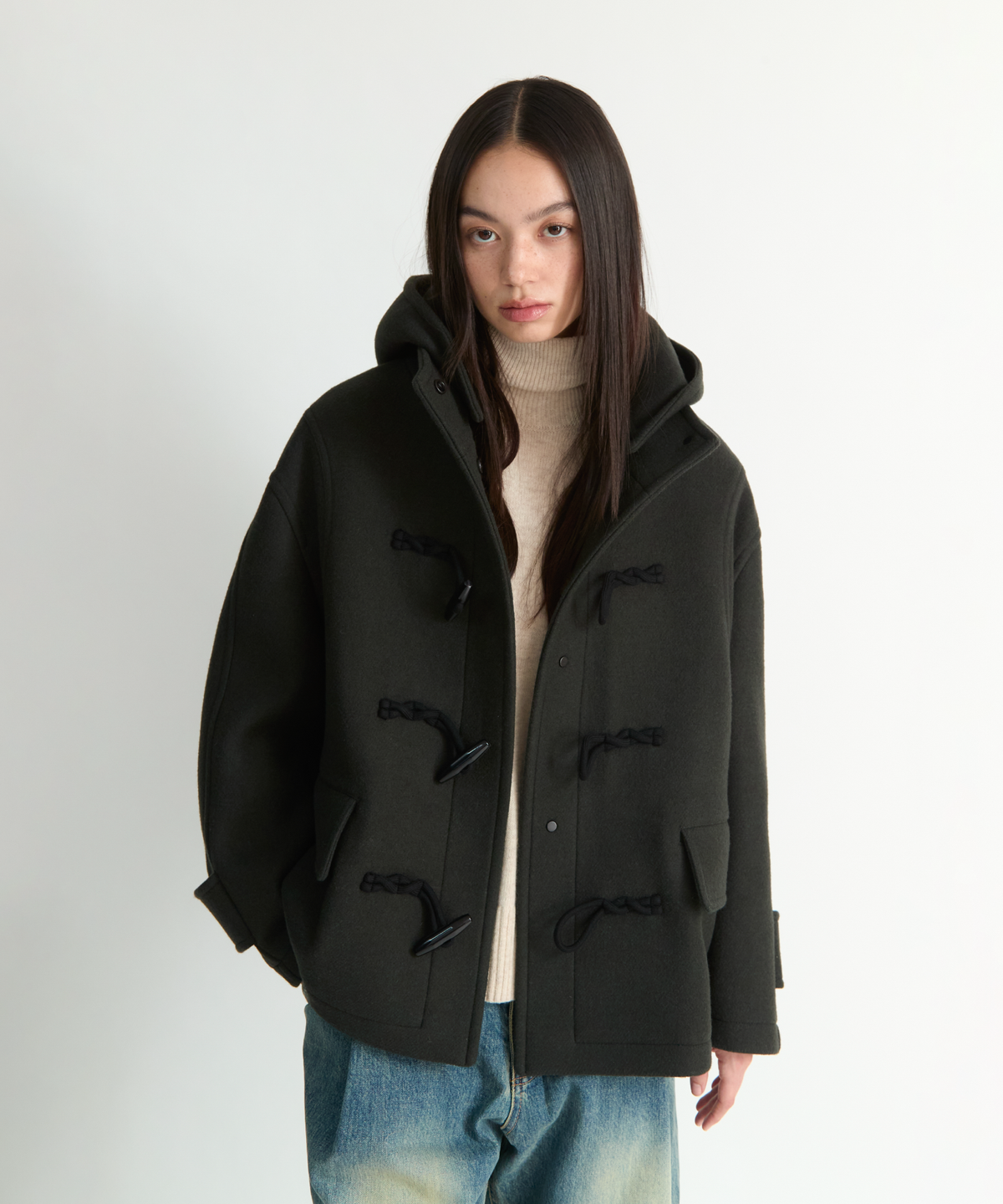 넌블랭크(NONBLANK) 우먼즈 디테처블 후드 더플 하프 코트_KHAKI
