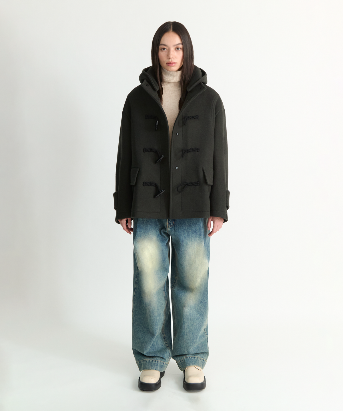 넌블랭크(NONBLANK) 우먼즈 디테처블 후드 더플 하프 코트_KHAKI