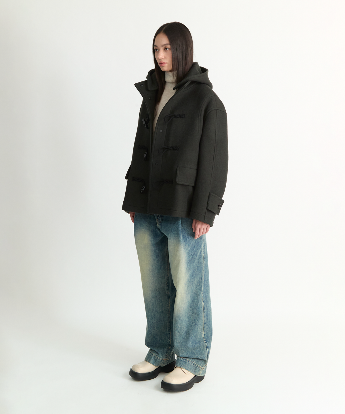 넌블랭크(NONBLANK) 우먼즈 디테처블 후드 더플 하프 코트_KHAKI