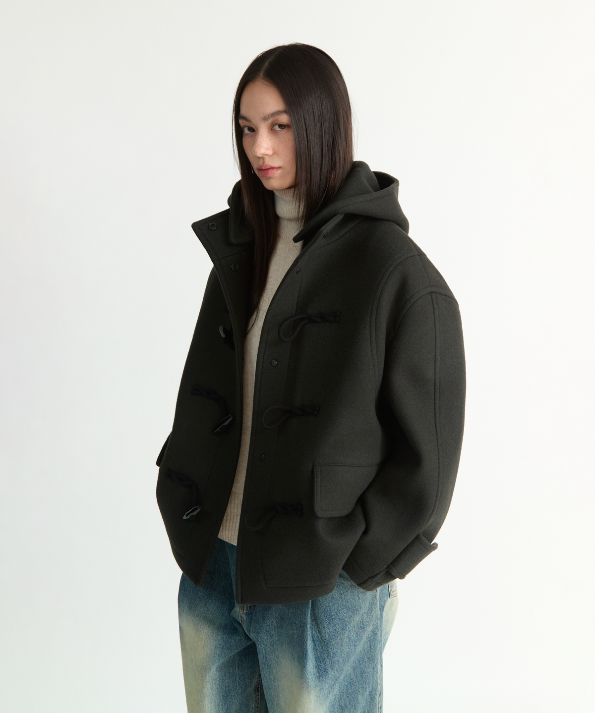 넌블랭크(NONBLANK) 우먼즈 디테처블 후드 더플 하프 코트_KHAKI