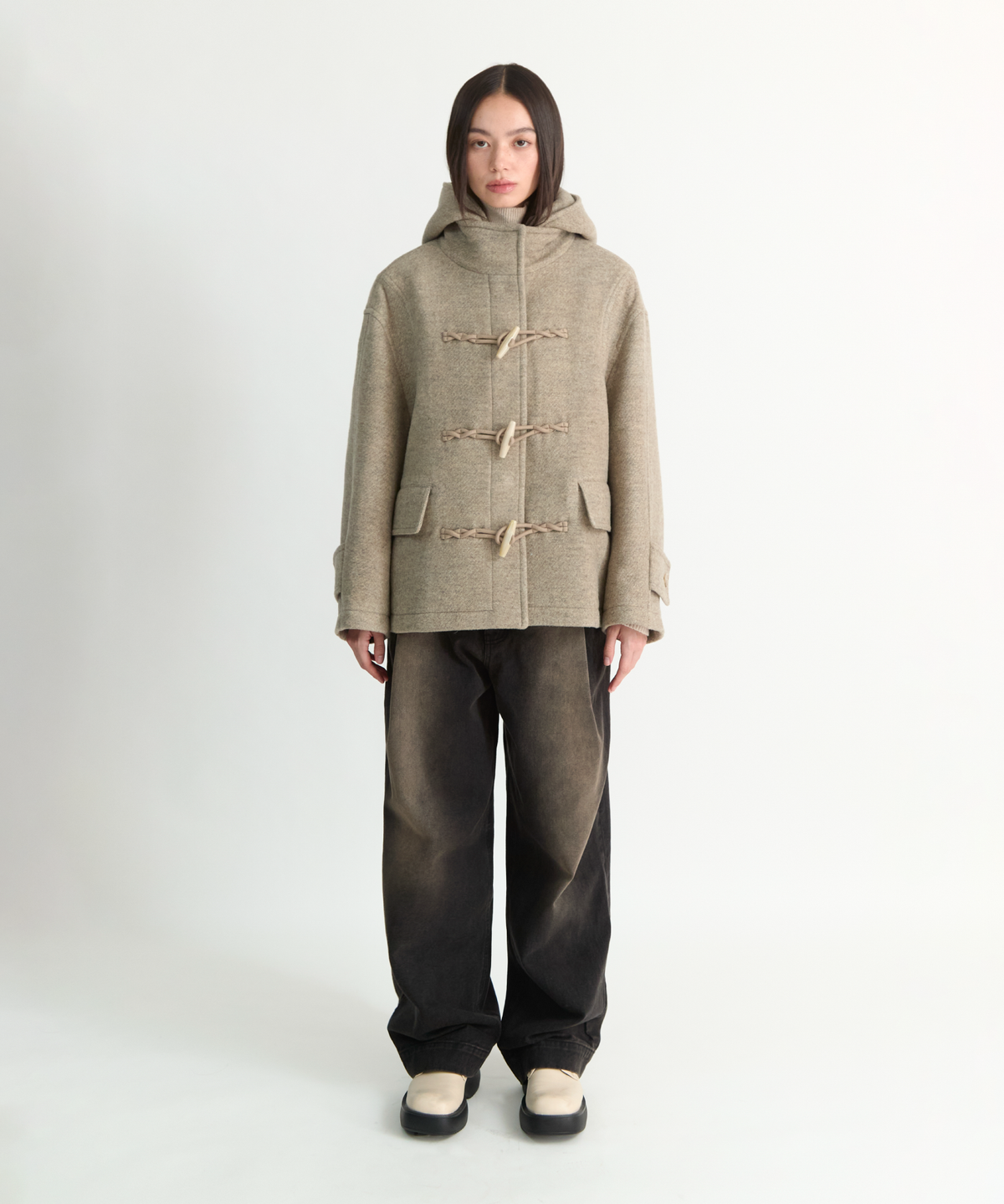 넌블랭크(NONBLANK) 우먼즈 디테처블 후드 더플 하프코트_BEIGE