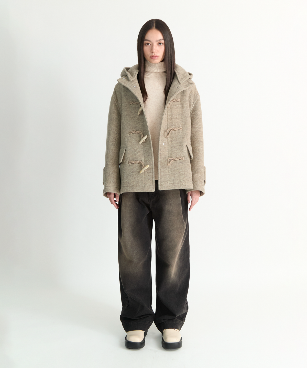 넌블랭크(NONBLANK) 우먼즈 디테처블 후드 더플 하프코트_BEIGE
