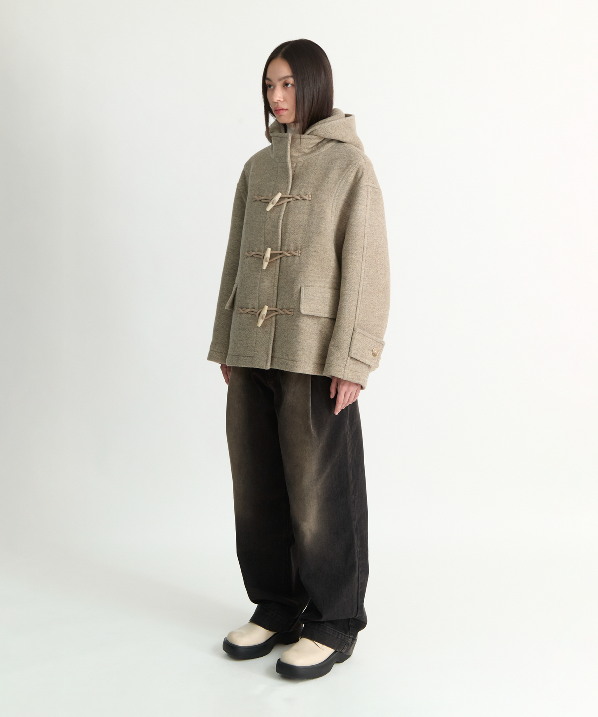 넌블랭크(NONBLANK) 우먼즈 디테처블 후드 더플 하프코트_BEIGE