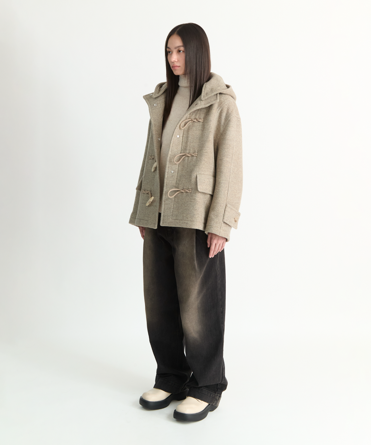 넌블랭크(NONBLANK) 우먼즈 디테처블 후드 더플 하프코트_BEIGE