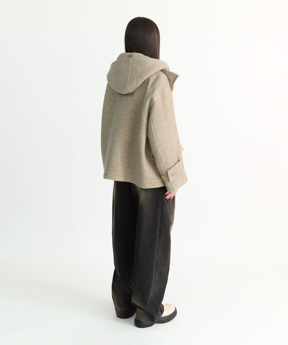 넌블랭크(NONBLANK) 우먼즈 디테처블 후드 더플 하프코트_BEIGE