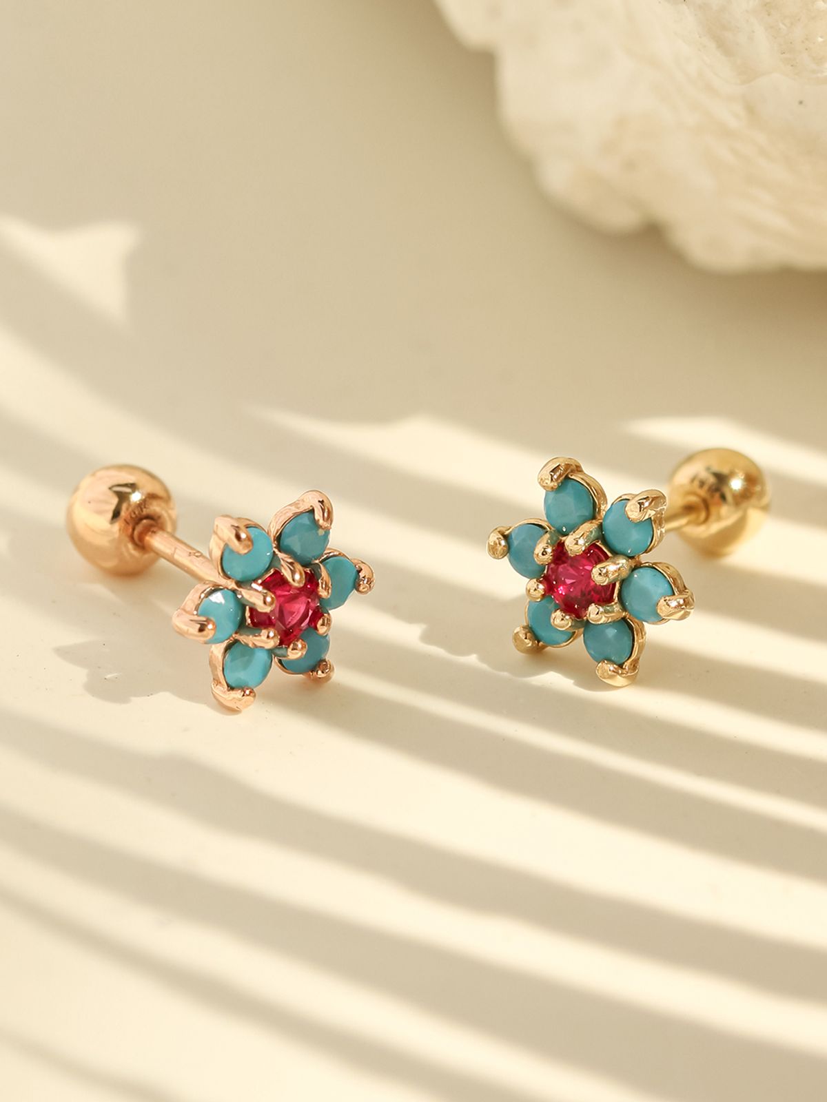 미니멀피어싱(MINIMALPIERCING) 14K 터키석 큐빅 플라워 피어싱 귀걸이