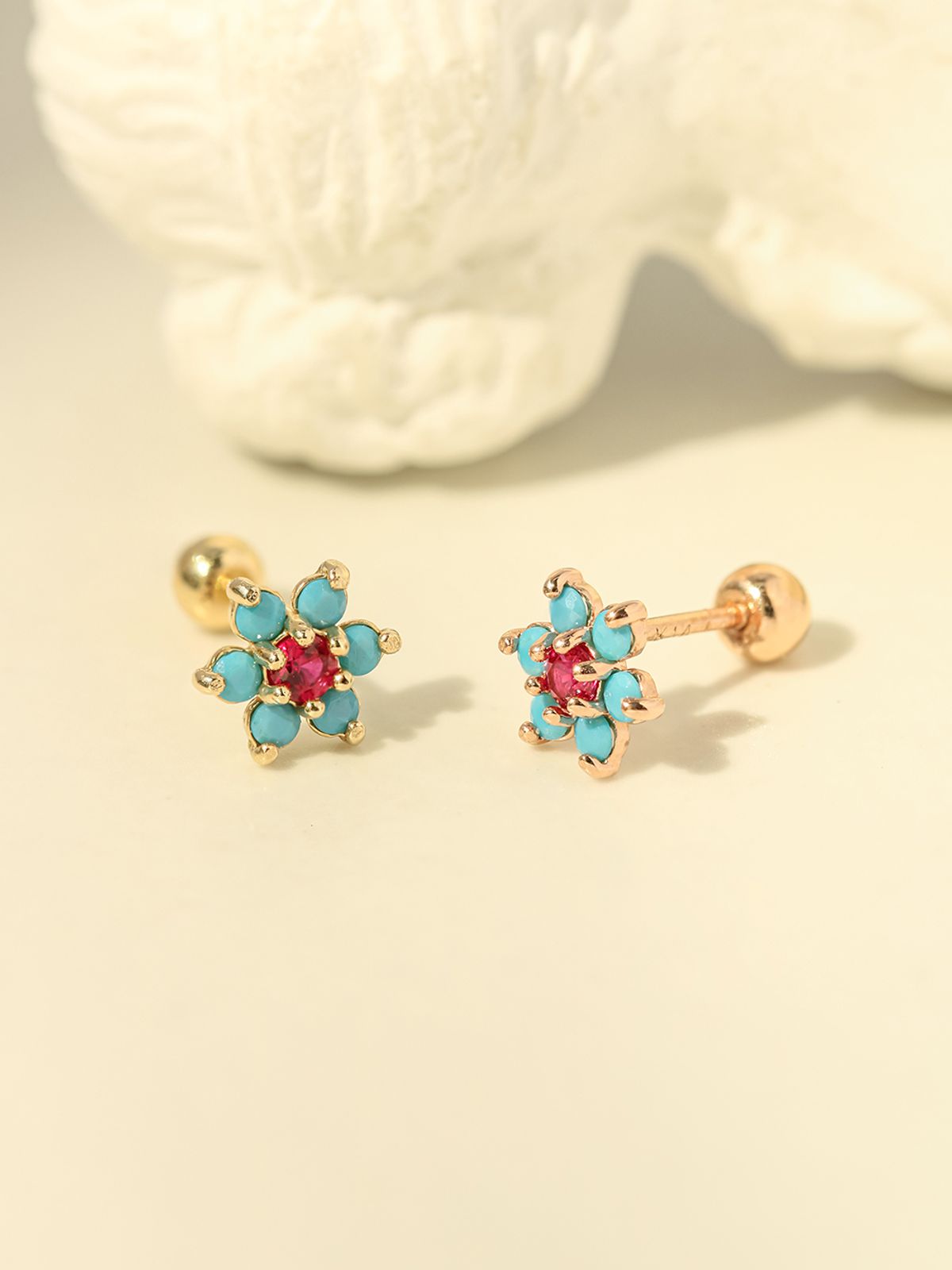 미니멀피어싱(MINIMALPIERCING) 14K 터키석 큐빅 플라워 피어싱 귀걸이
