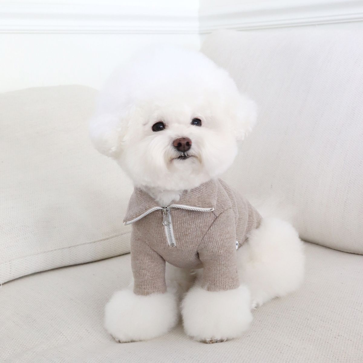 쉬오트(CHIOT) 크림블 로고 니트 하프집업 (코튼베이지)