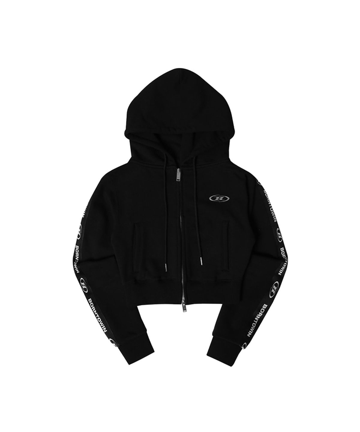 본투윈(BORN TO WIN) CHROME B BLACK LINE CROP ZIP-UP HOODIE [BLACK]