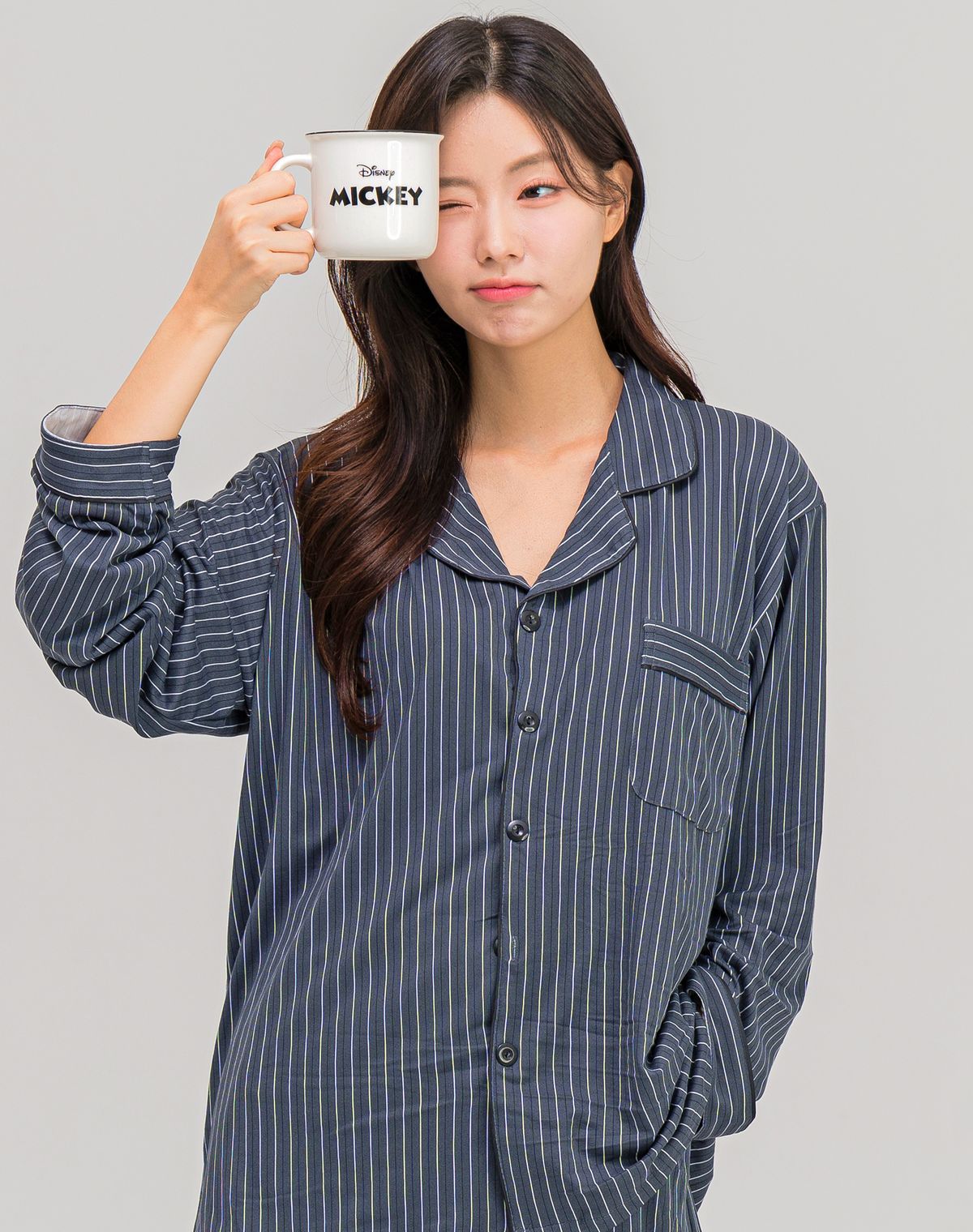 에이원(AONE) [SET] 커플 피치기모 핀스트라이프 카라 잠옷