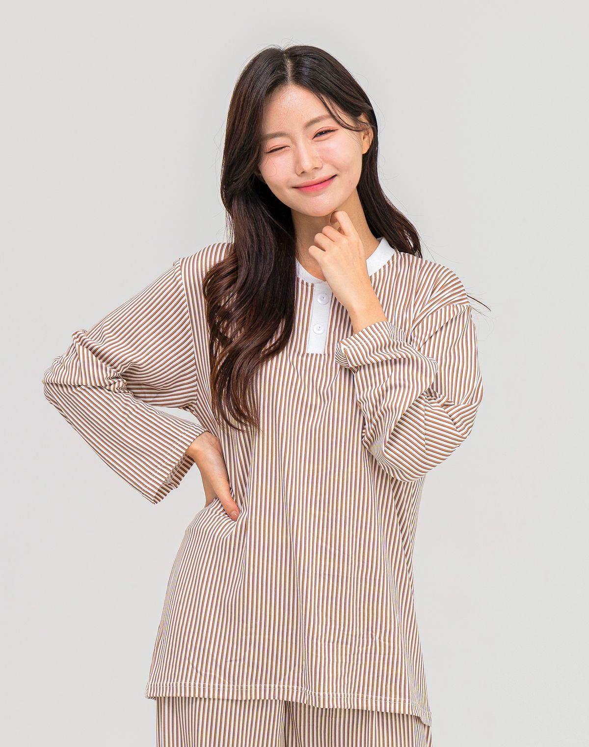 에이원(AONE) [SET] 커플 피치기모 클래식 라인 라운드 잠옷
