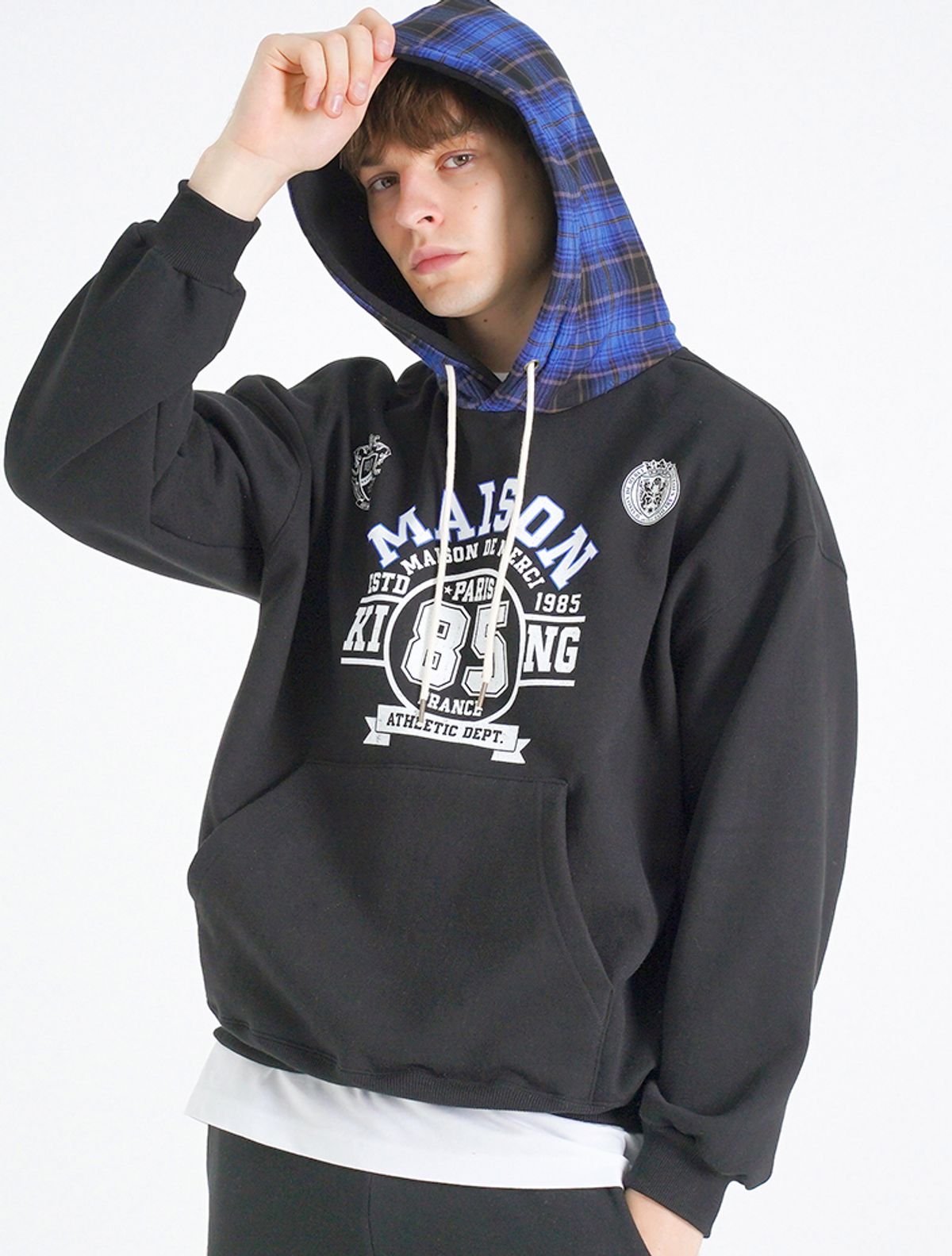 라 메종 스튜디오(LA MAISON STUDIO) [기모]UNISEX 빈티지 체크 넘버링 헤비테리 후드 블랙(FCE4TS655K)
