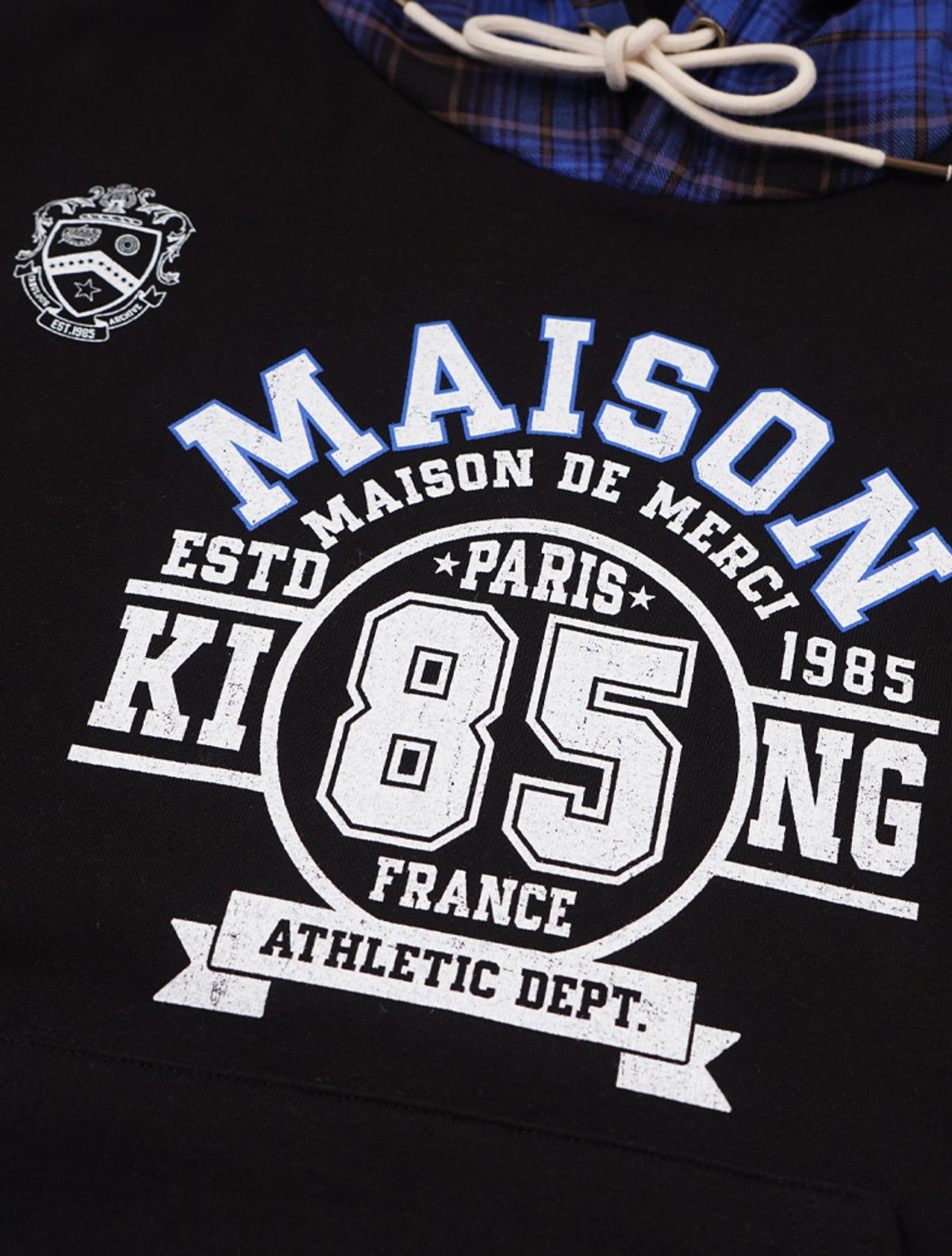 라 메종 스튜디오(LA MAISON STUDIO) [기모]UNISEX 빈티지 체크 넘버링 헤비테리 후드 블랙(FCE4TS655K)