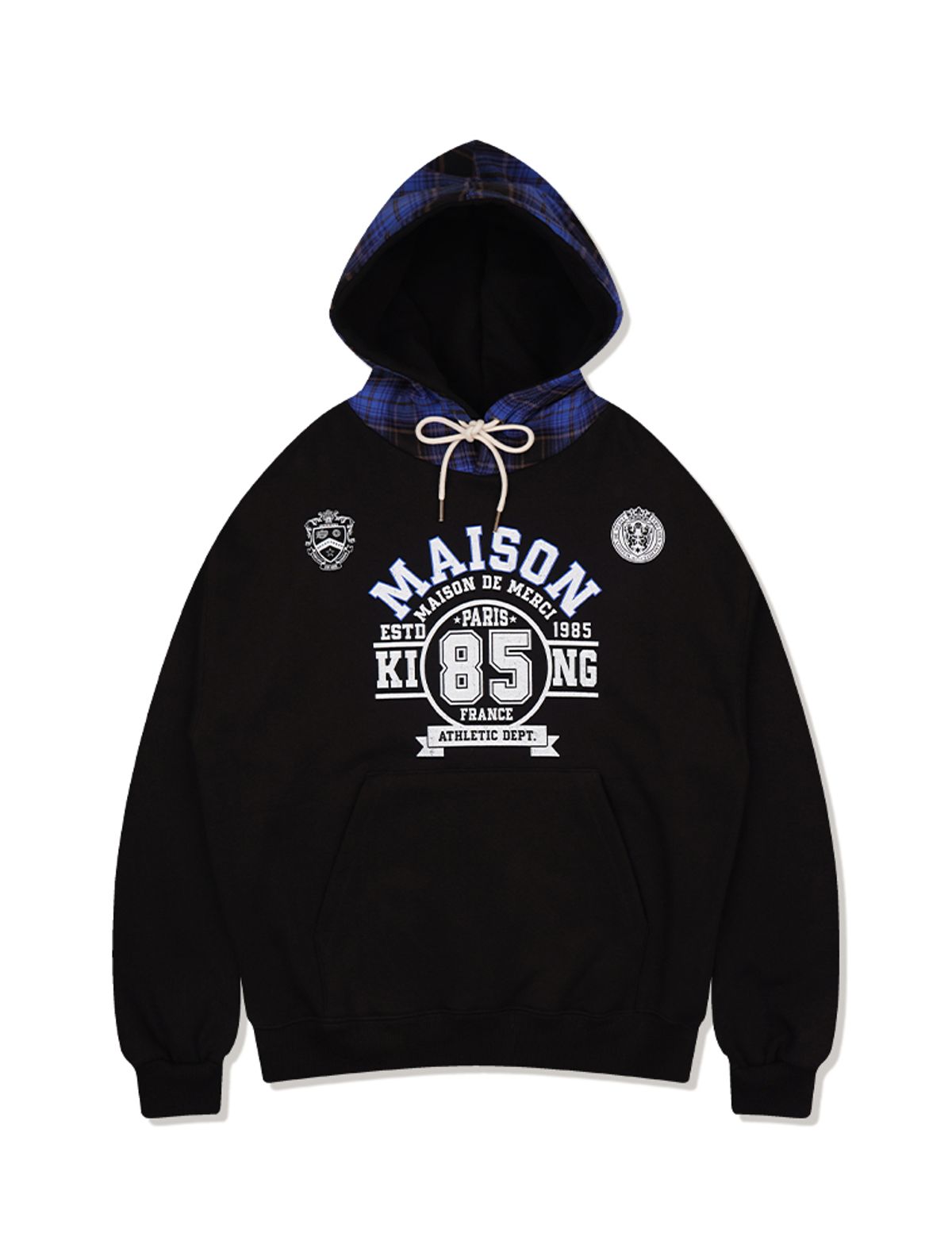 라 메종 스튜디오(LA MAISON STUDIO) [기모]UNISEX 빈티지 체크 넘버링 헤비테리 후드 블랙(FCE4TS655K)