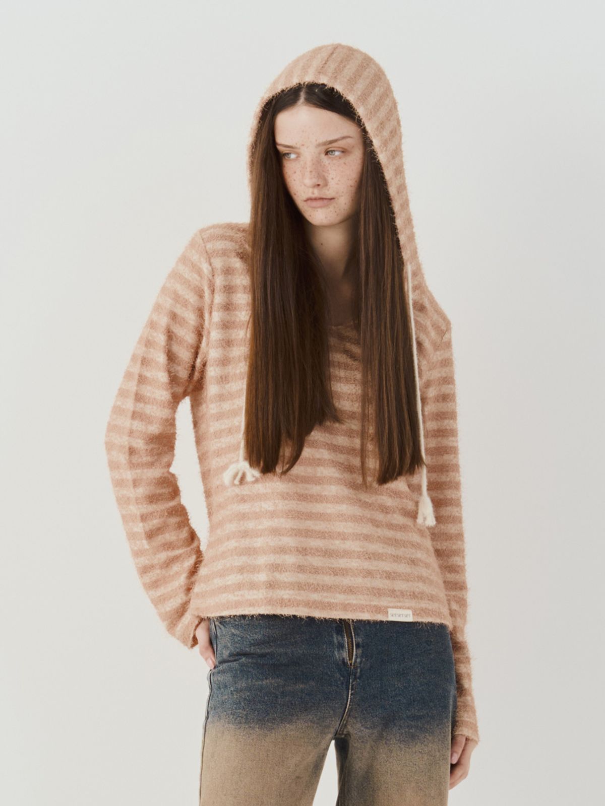 쎄쎄쎄(SETSETSET) FURRY STRIPED HOODED KNIT TOP